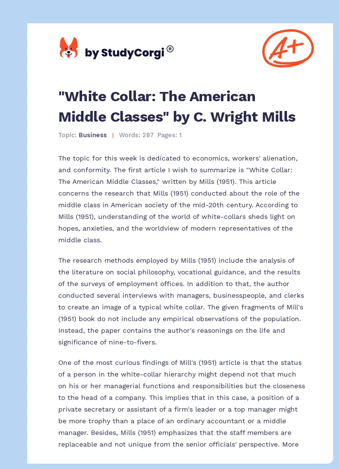 "White Collar: The American Middle Classes" by C. Wright Mills. Page 1