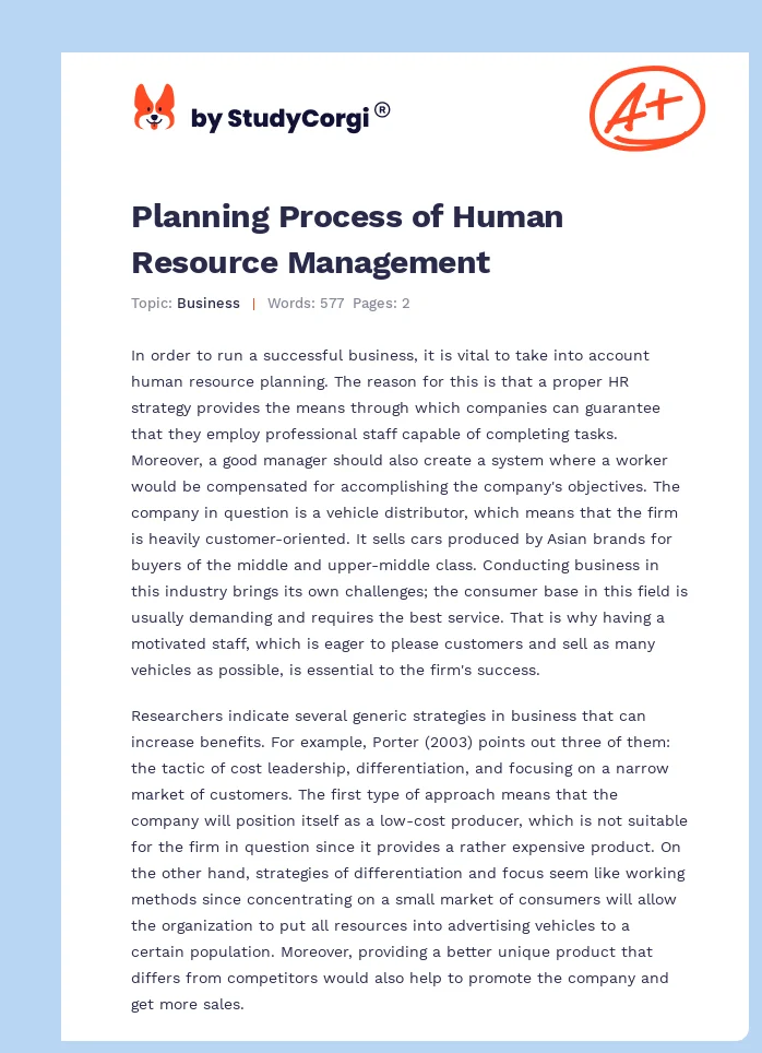 Planning Process of Human Resource Management. Page 1