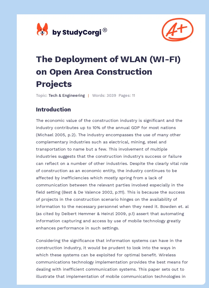 The Deployment of WLAN (WI-FI) on Open Area Construction Projects. Page 1