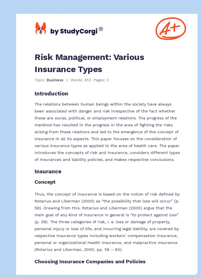 Risk Management: Various Insurance Types. Page 1