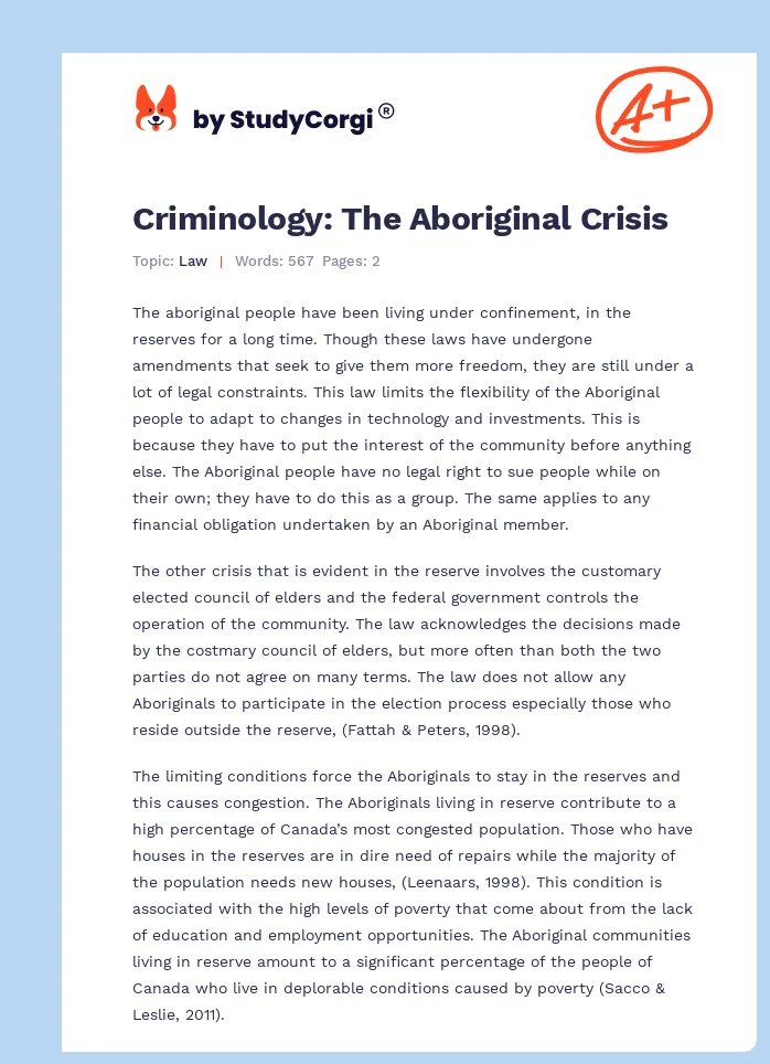 Criminology: The Aboriginal Crisis. Page 1