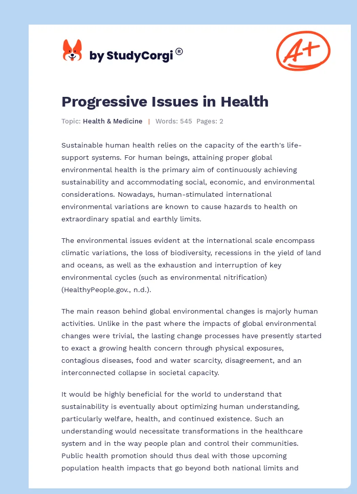 Progressive Issues in Health. Page 1