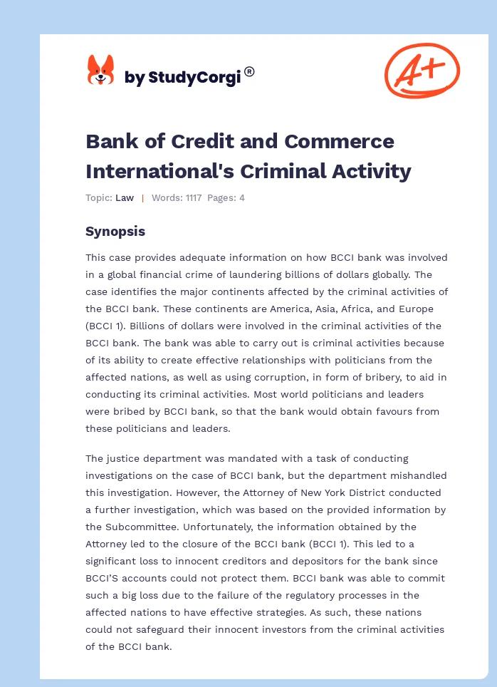 Bank of Credit and Commerce International's Criminal Activity. Page 1