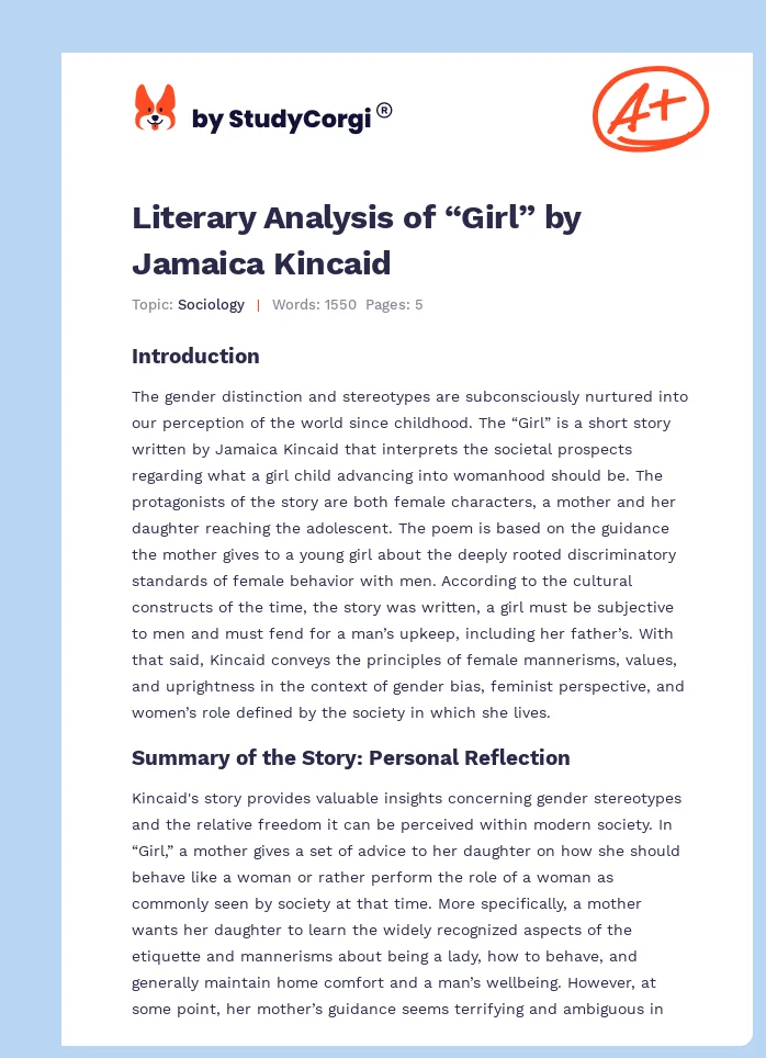 Literary Analysis of “Girl” by Jamaica Kincaid. Page 1