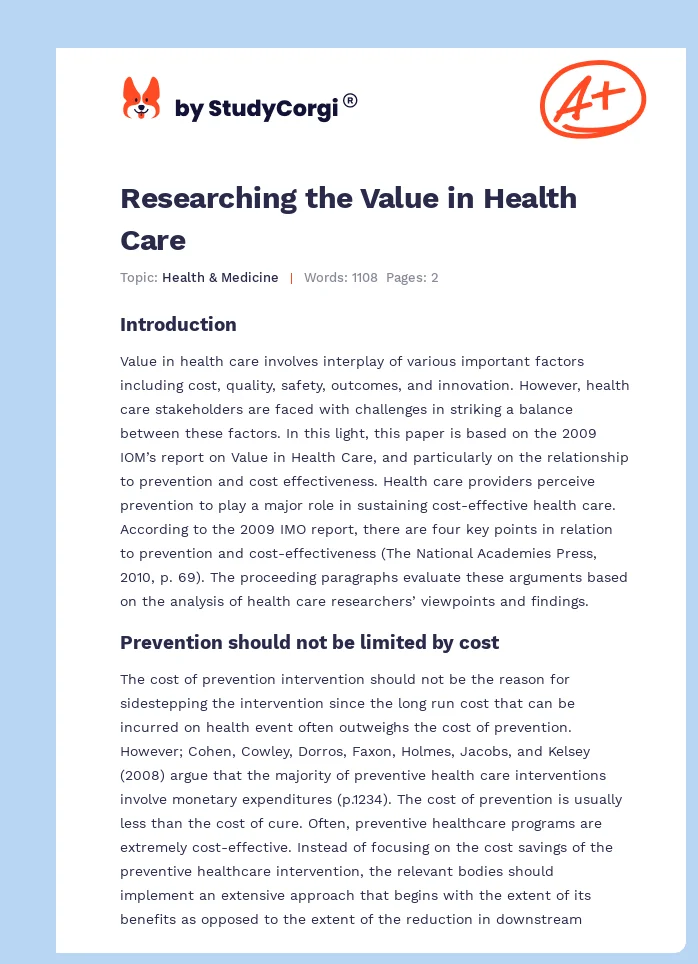 Researching the Value in Health Care. Page 1