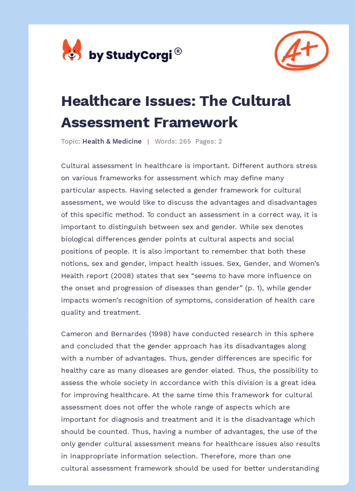 Healthcare Issues: The Cultural Assessment Framework. Page 1