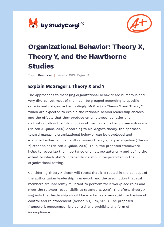 Organizational Behavior: Theory X, Theory Y, and the Hawthorne Studies. Page 1