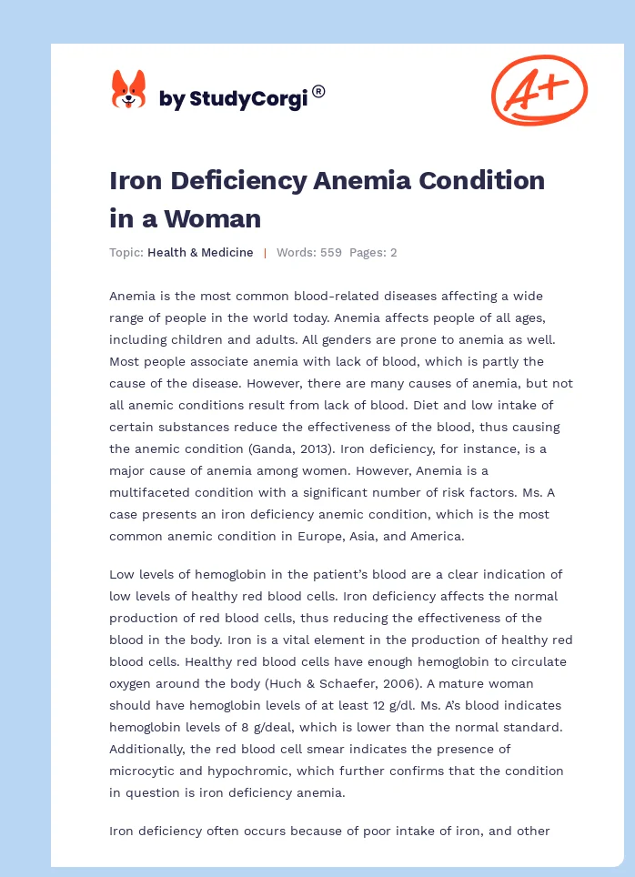 Iron Deficiency Anemia Condition in a Woman. Page 1