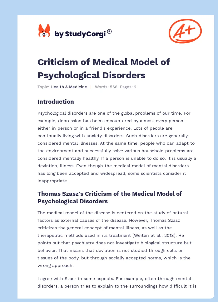 Criticism of Medical Model of Psychological Disorders. Page 1