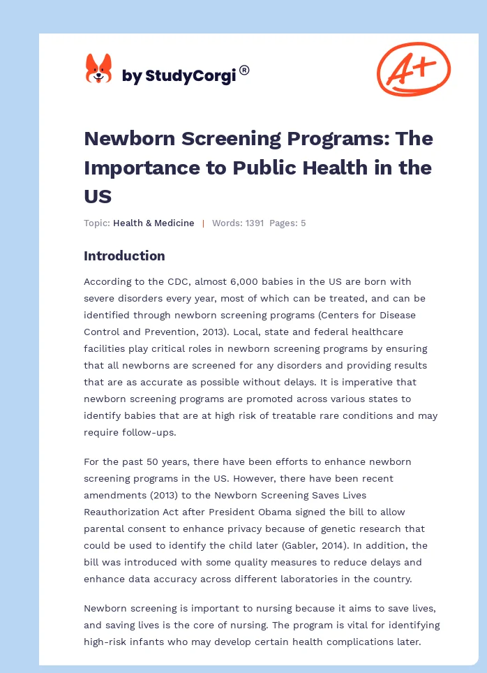 Newborn Screening Programs: The Importance to Public Health in the US. Page 1