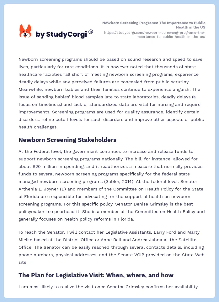 Newborn Screening Programs: The Importance to Public Health in the US. Page 2