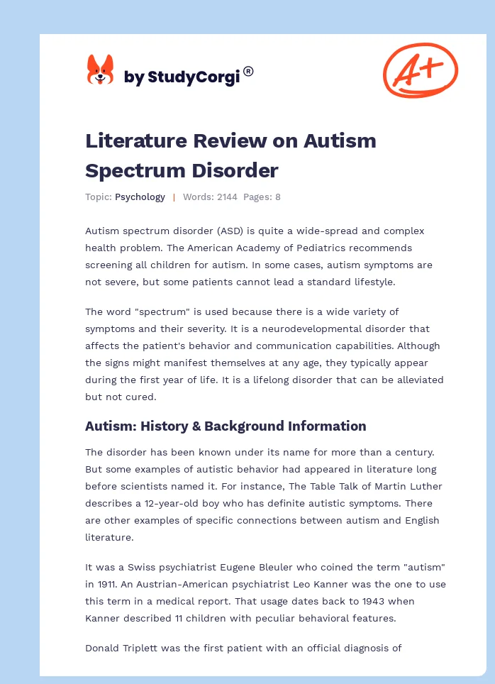 Literature Review on Autism Spectrum Disorder. Page 1