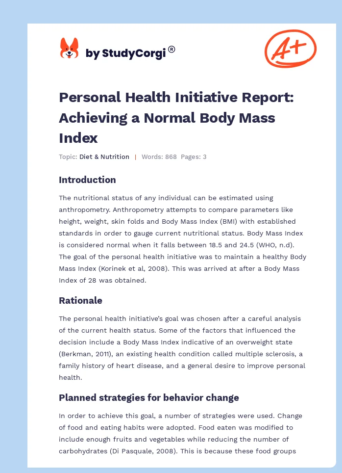 Personal Health Initiative Report: Achieving a Normal Body Mass Index. Page 1