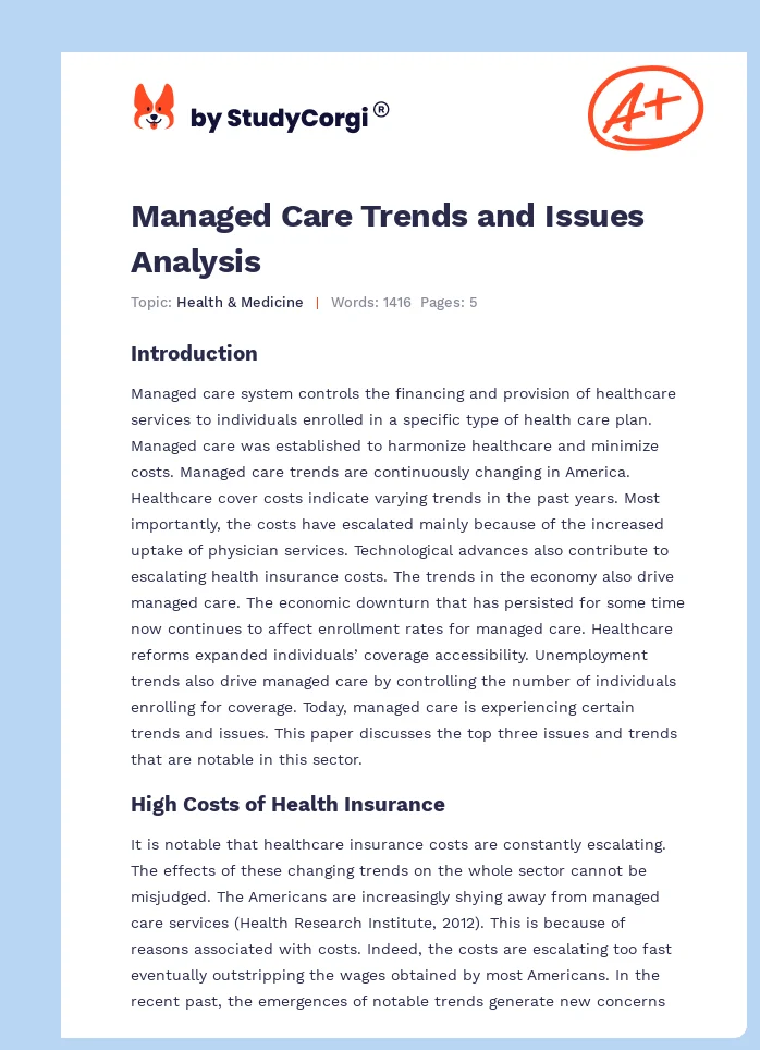 Managed Care Trends and Issues Analysis. Page 1