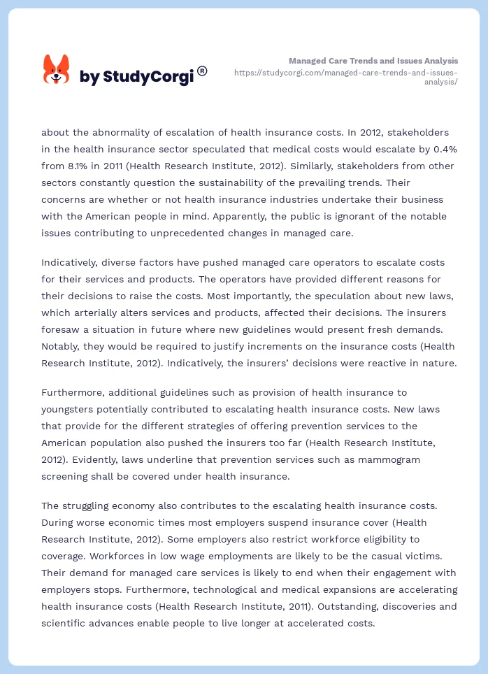 Managed Care Trends and Issues Analysis. Page 2