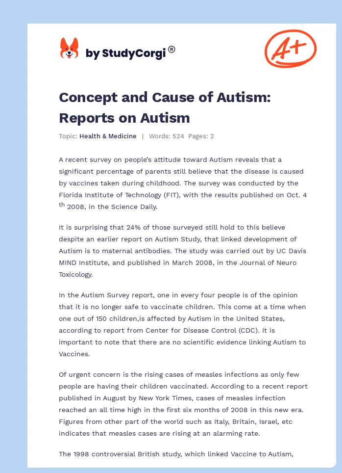 Concept and Cause of Autism: Reports on Autism. Page 1