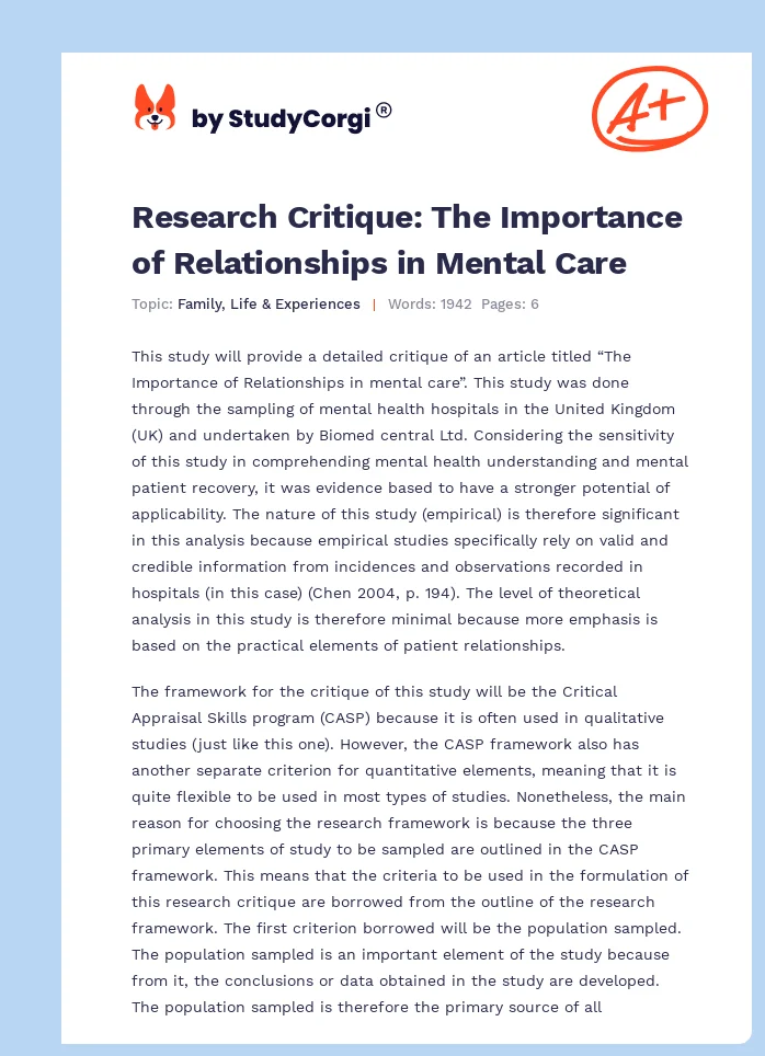 Research Critique: The Importance of Relationships in Mental Care. Page 1