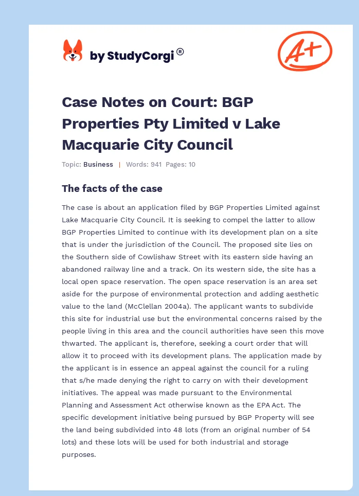 Case Notes on Court: BGP Properties Pty Limited v Lake Macquarie City Council. Page 1