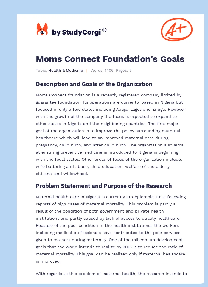 Moms Connect Foundation's Goals. Page 1