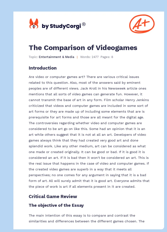 The Comparison of Videogames. Page 1