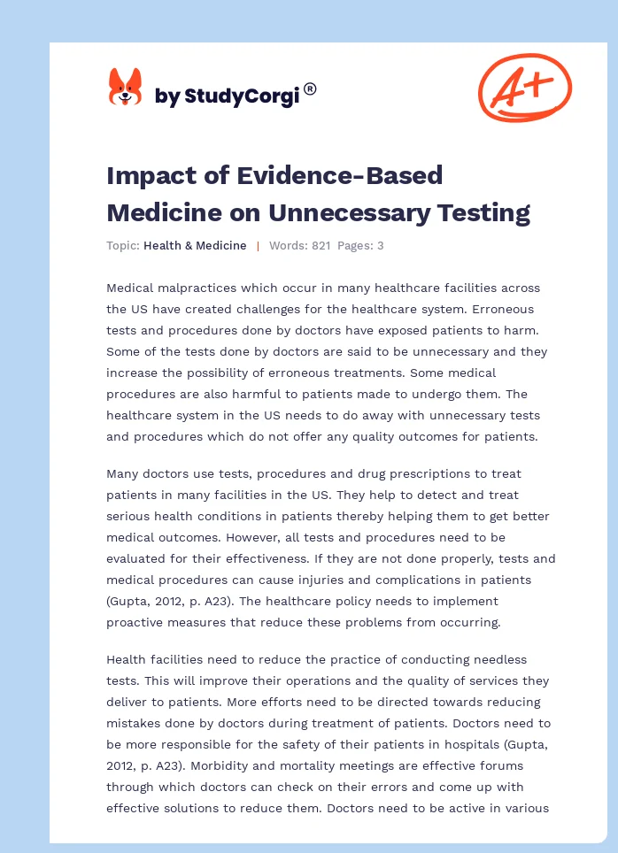 Impact of Evidence-Based Medicine on Unnecessary Testing. Page 1
