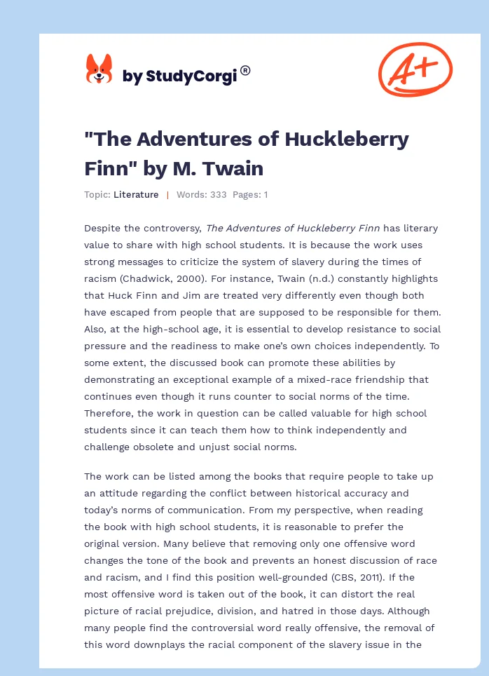 "The Adventures of Huckleberry Finn" by M. Twain. Page 1