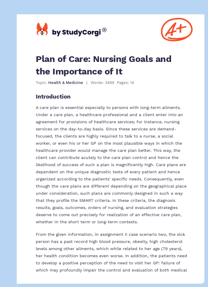 Plan of Care: Nursing Goals and the Importance of It. Page 1
