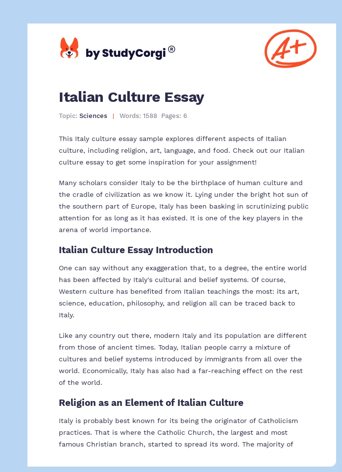 Italian Culture Essay. Page 1