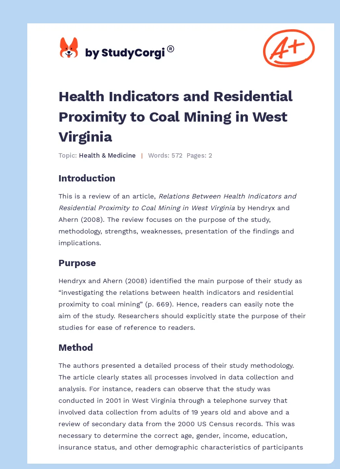 Health Indicators and Residential Proximity to Coal Mining in West Virginia. Page 1