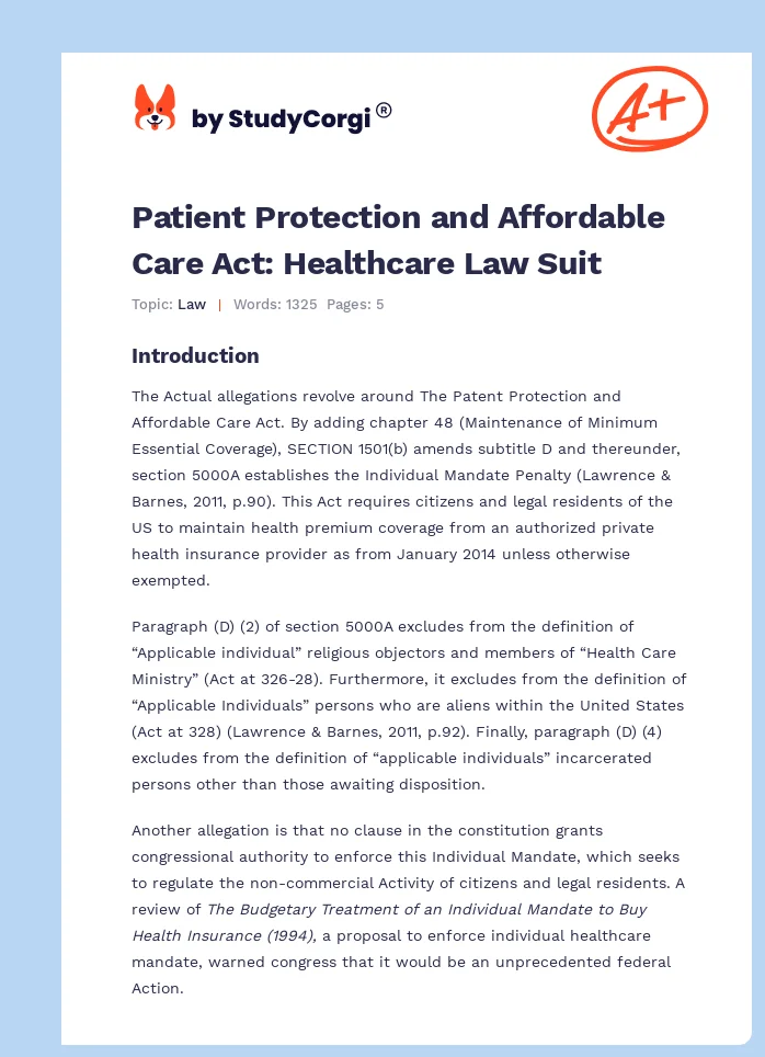 Patient Protection and Affordable Care Act: Healthcare Law Suit. Page 1