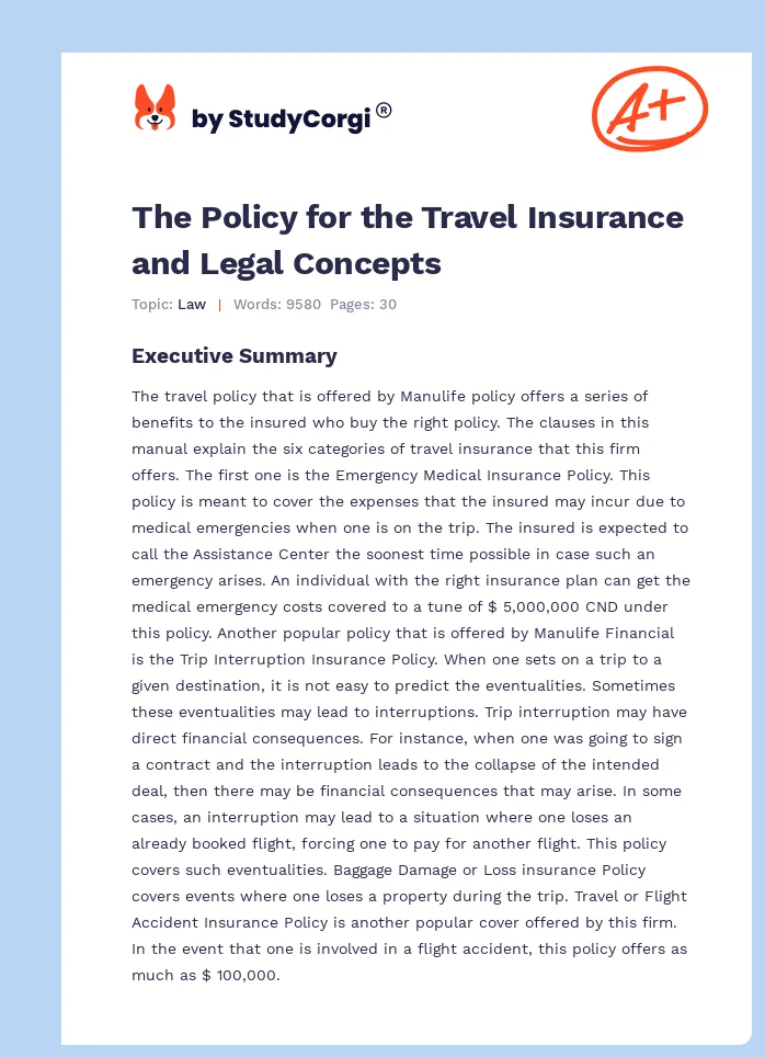 The Policy for the Travel Insurance and Legal Concepts. Page 1