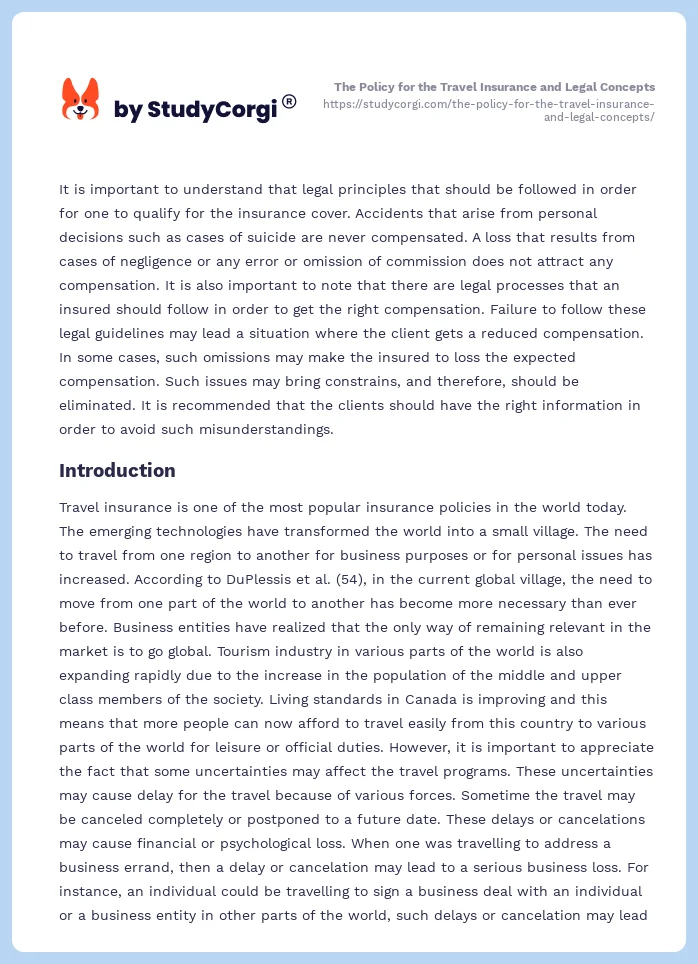 The Policy for the Travel Insurance and Legal Concepts. Page 2