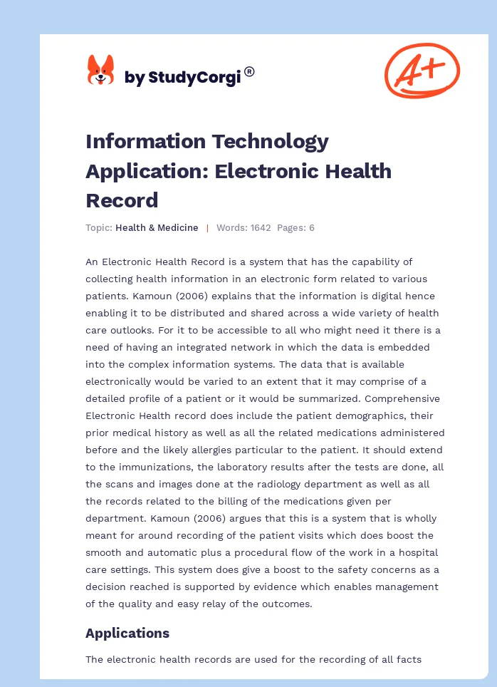 Information Technology Application: Electronic Health Record. Page 1