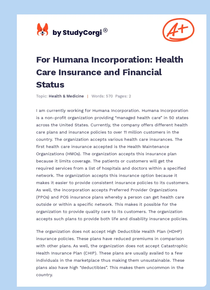 For Humana Incorporation: Health Care Insurance and Financial Status. Page 1