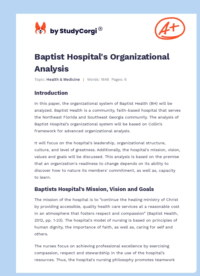 Baptist Hospital's Organizational Analysis. Page 1
