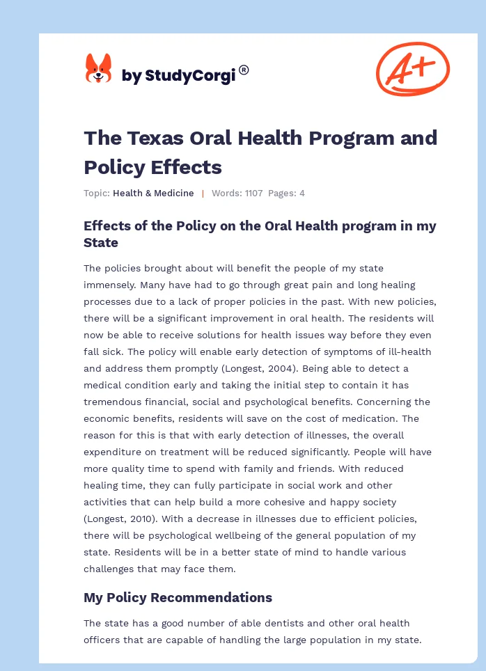 The Texas Oral Health Program and Policy Effects. Page 1