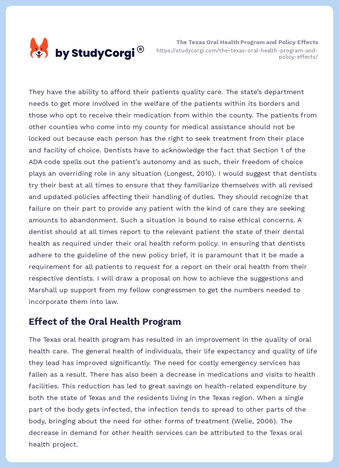 The Texas Oral Health Program and Policy Effects. Page 2