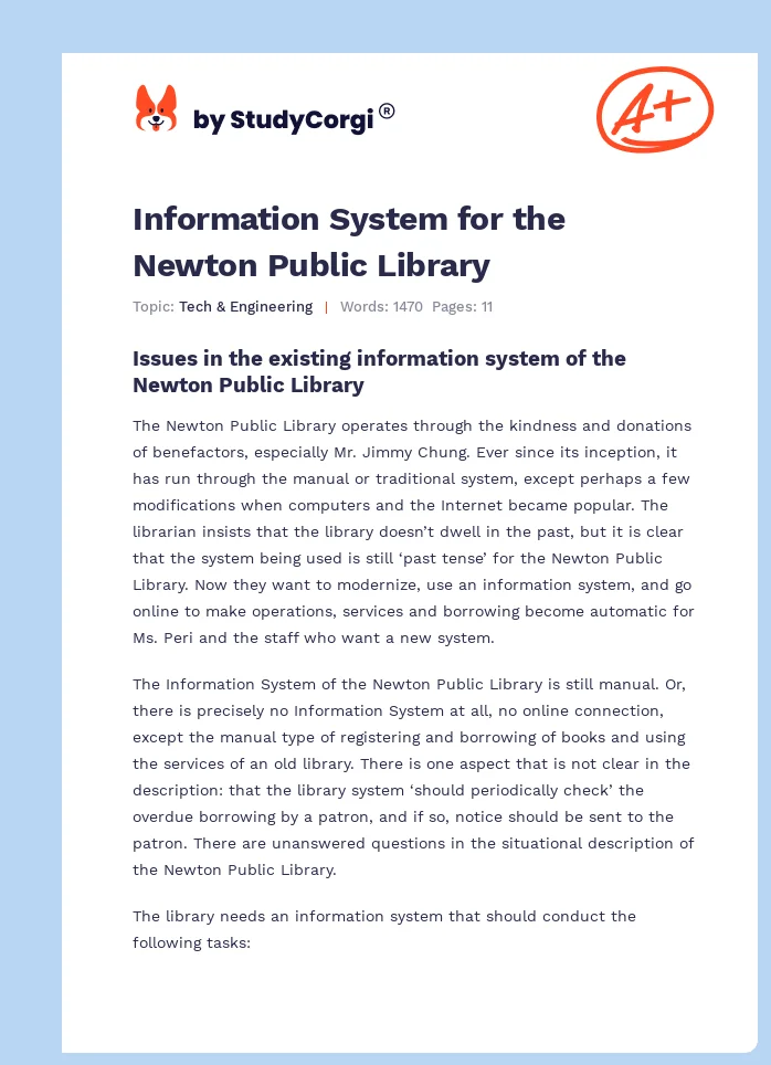 Information System for the Newton Public Library. Page 1