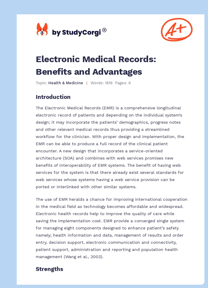 Electronic Medical Records: Benefits and Advantages. Page 1