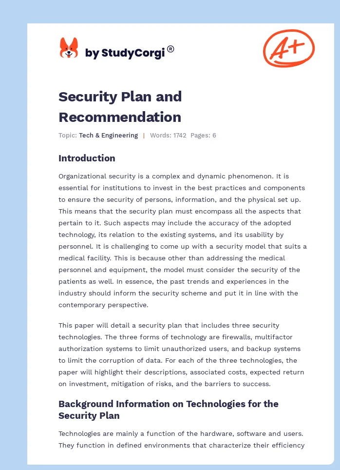 Security Plan and Recommendation. Page 1