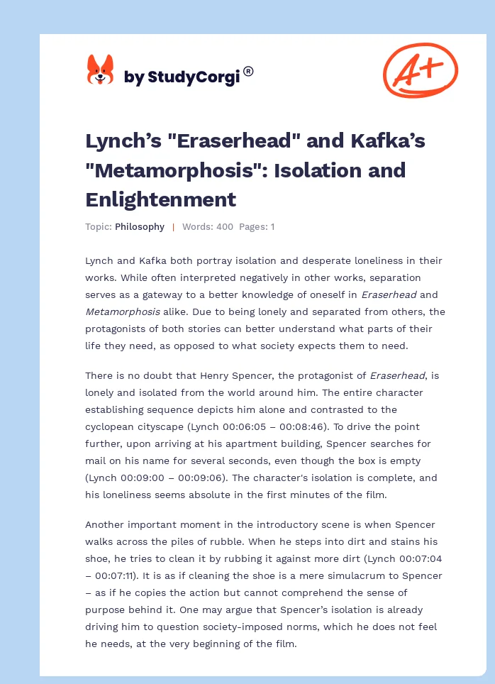 Lynch’s "Eraserhead" and Kafka’s "Metamorphosis": Isolation and Enlightenment. Page 1