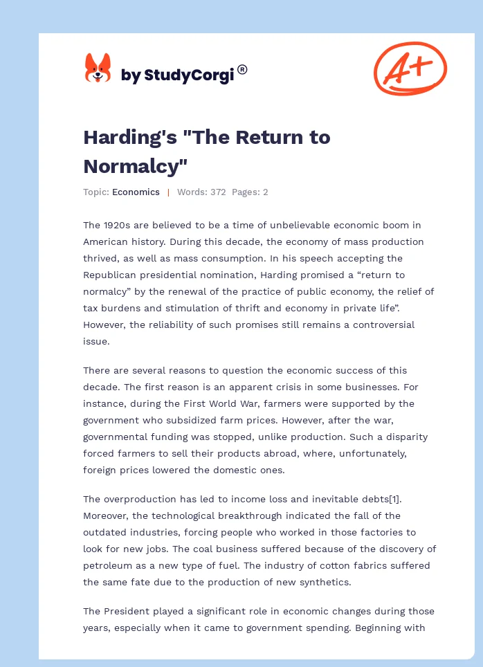 Harding's "The Return to Normalcy". Page 1