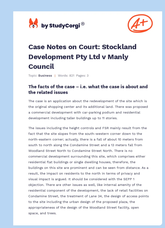 Case Notes on Court: Stockland Development Pty Ltd v Manly Council. Page 1