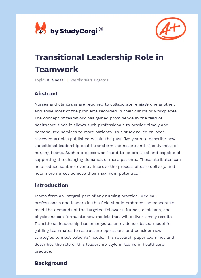 Transitional Leadership Role in Teamwork. Page 1