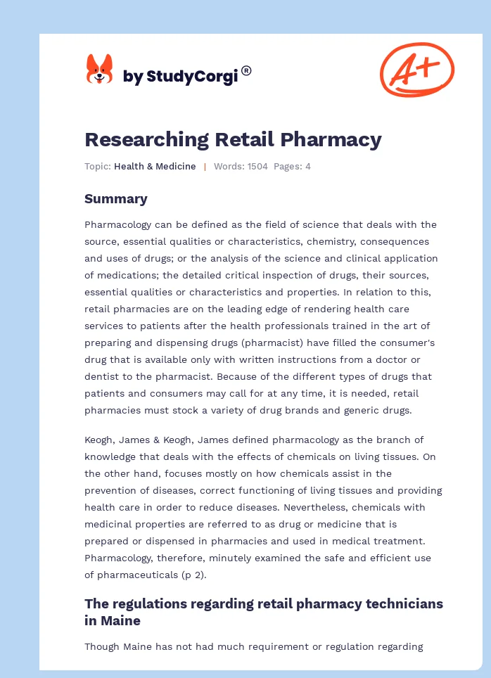 Researching Retail Pharmacy. Page 1