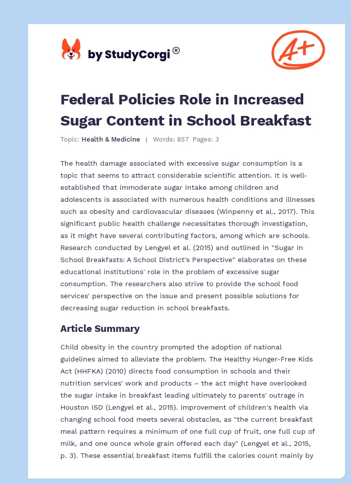 Federal Policies Role in Increased Sugar Content in School Breakfast. Page 1
