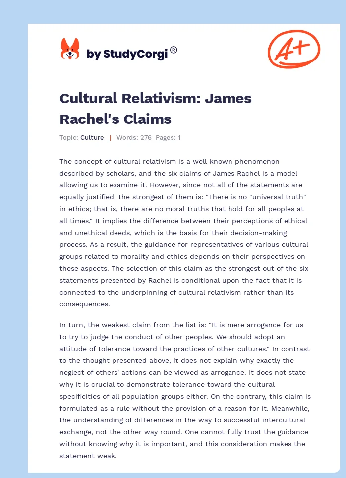 Cultural Relativism: James Rachel's Claims. Page 1