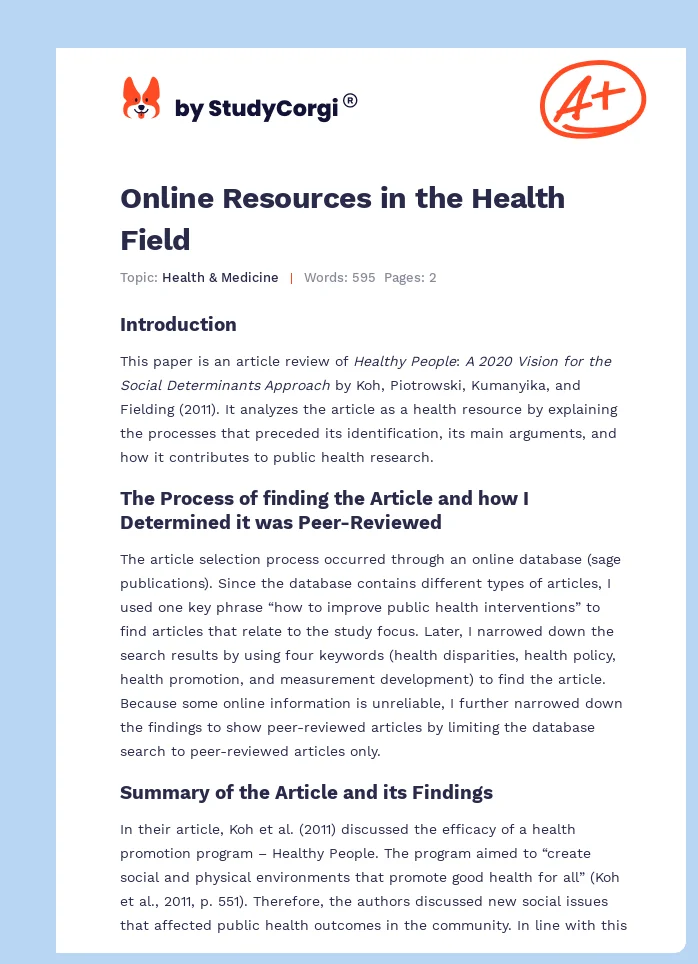 Online Resources in the Health Field. Page 1