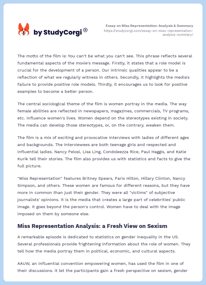 Essay on Miss Representation: Analysis & Summary. Page 2