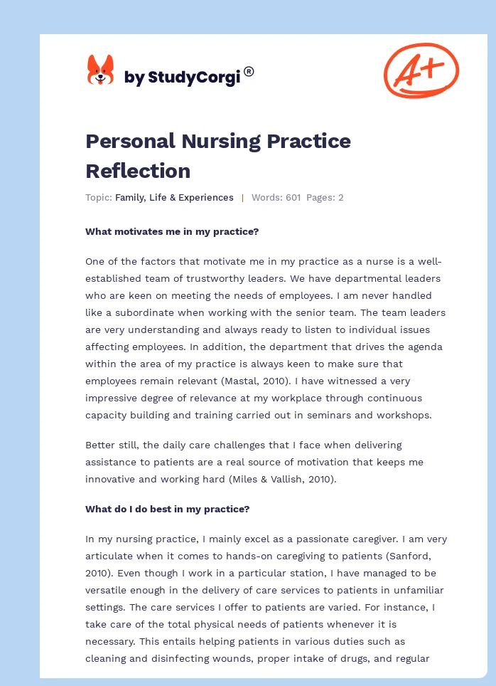 Personal Nursing Practice Reflection. Page 1